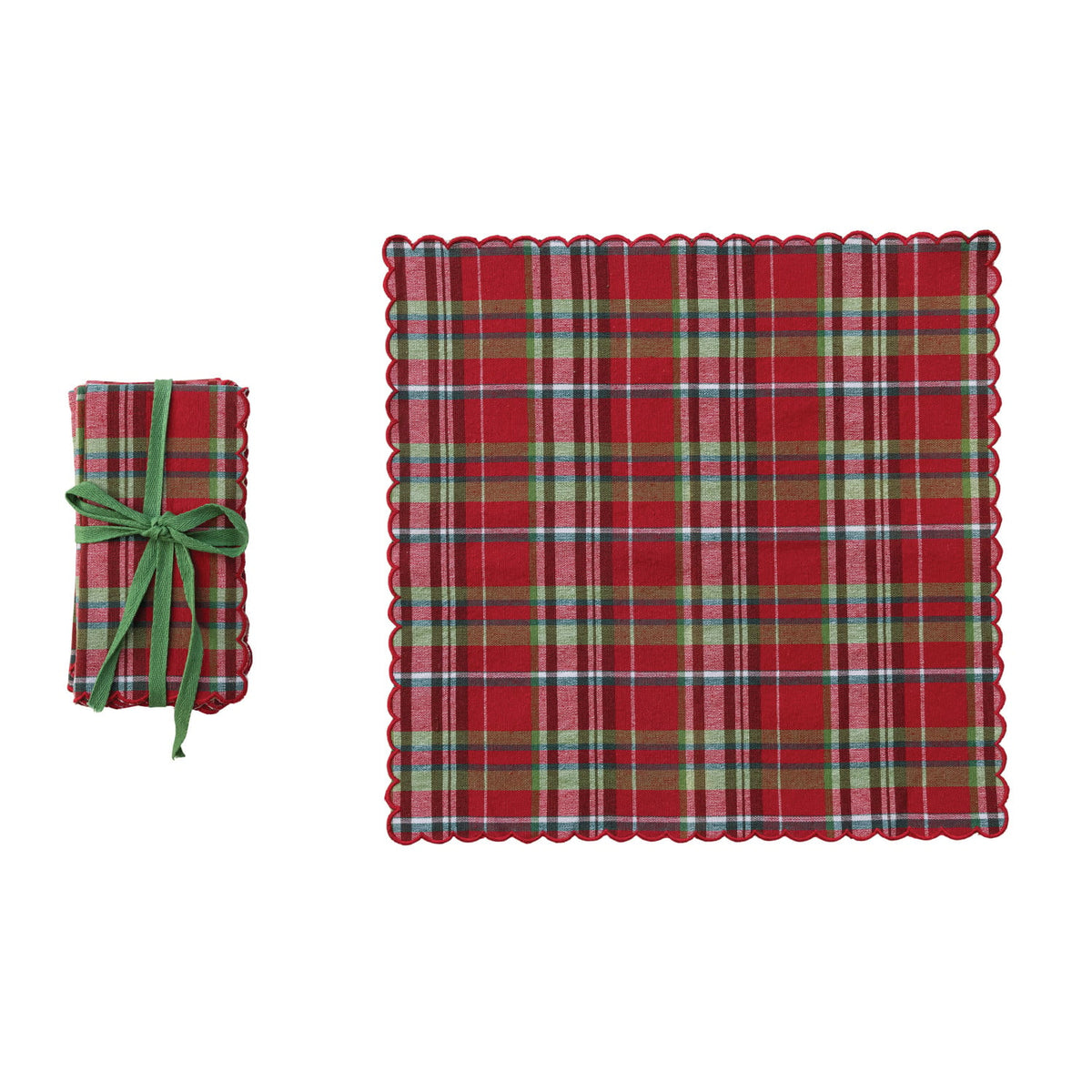 Woven Cotton Scalloped Napkins with Stitched Edges, Set of 4 Tied with Green Cotton Tape