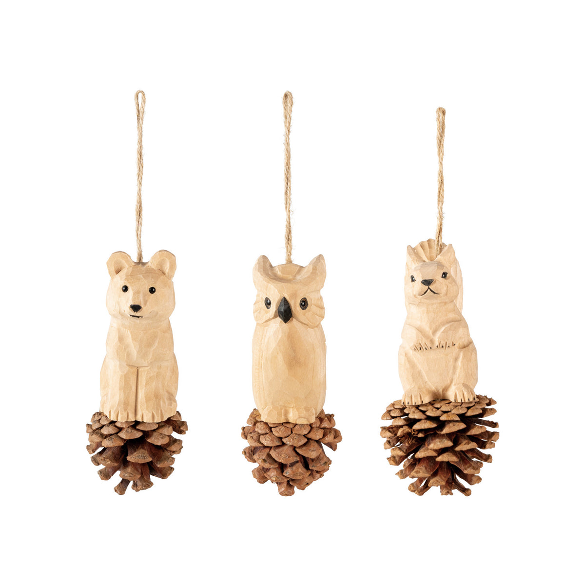 Hand-Carved Wood Animal on Pinecone Ornament, Natural, 3 Styles